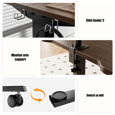Electric Standing Desk Lifts Adjustable Height From 18.9 To 29.5 Inches With Lockable Wheels And Smooth Motor For Home Office Ergonomic Computer Desk Setup Easy One Touch Control showing side hooks and monitor arm support.