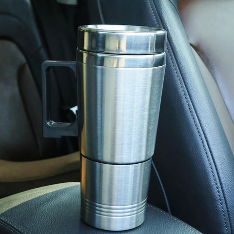 Dual Voltage Car Kettle For 12V And 24V Vehicles With Insulated Stainless Steel Interior sitting in car cup holder.