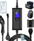 Level 2 EV Charger With App Control 32 Amp Portable J1772 Evse Nema 14 50 Plug Plus 5 15 Adapter 25 Foot Cable Smooth Operator Design with display and cables.