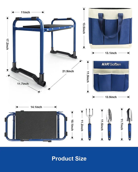 Garden Kneeler And Seat Set 7 Piece Upgraded Heavy Duty Foldable Bench And Stool With 3 Aluminum Tools, 2 Non Slip Pouches, Tote Bag