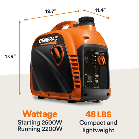 GP2500i 2500 Watt Gas Powered Portable Inverter Generator with TruePower Technology, dimensions, orange and black design