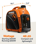 Orange and black GP2500i 2,500-Watt Gas Powered Portable Inverter Generator, compact size, with dimensions and wattage displayed.