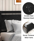Stylish Twin Bed Frame With Rustic Wood Headboard, Heavy Duty Metal Platform Base Gives Dream Sleep Vibes, close-up of headboard and frame.