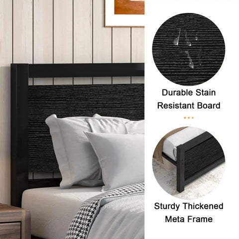 Stylish Twin Bed Frame With Rustic Wood Headboard, Heavy Duty Metal Platform Base Gives Dream Sleep Vibes, close-up of headboard and frame.