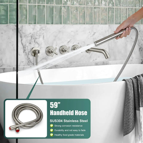 Brushed Nickel Wall Mount Tub Faucet Set With Handheld Shower Wand And Spout, Tub Filler Faucets in modern bathroom