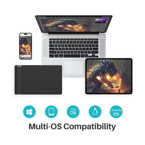 Compact Drawing Tablet With Slick Scroll Wheel And Ergonomic Stylus Delivering Sick Precision And Butter Smooth Pressure Response Perfect For Pc Artists Seeking Zero Lag Creativity And Hassle Free Setup In Sleek Black on desk with laptop, tablet, and phone.