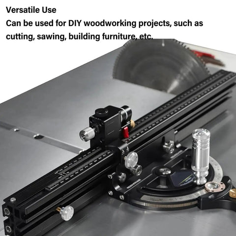 Heavy Duty Aluminum Miter Gauge For Table Saw positioned on a table saw for precise woodworking and alignment measurements.