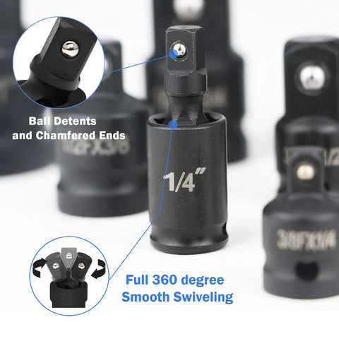 Close-up of 11 Piece Impact Adapter And Reducer Set With Universal Joint Swivel Sockets for quarter inch drive, ball detents detail.