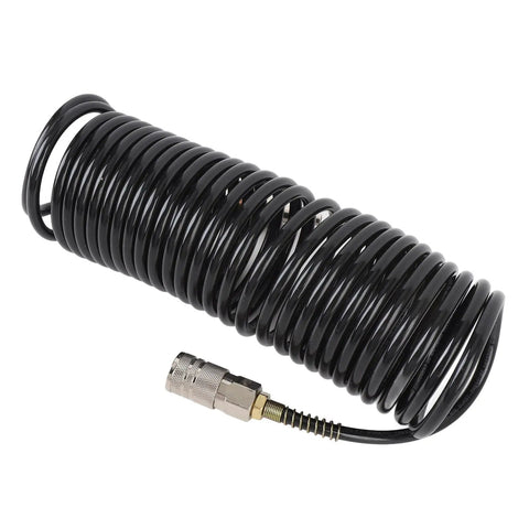 Level Up Your Garage Vibes With This Super Sweet Spiral Air Hose One Quarter Inch ID 16 4 Feet PE Coiled Compressed Air Line Featuring Self Retracting Design That Prevents Tangling And Saves Storage Space For Pro Shop Needs, black coil