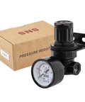 Air Compressor Pressure Regulator With Bracket And Gauge 1/4 NPT Female Thread Adjustable For Clean Air Systems front view with box