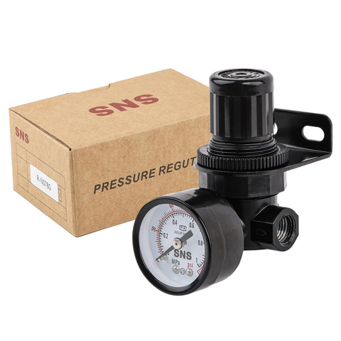 Air Compressor Pressure Regulator With Bracket And Gauge 1/4 NPT Female Thread Adjustable For Clean Air Systems front view with box