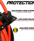 Retractable Air Hose Reel Workhorse With 3-8 Inch By 50 Feet Hybrid Polymer Hose showing features like adjustable stopper, non-snag rollers.