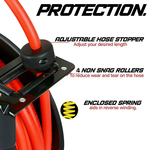 Retractable Air Hose Reel Workhorse With 3-8 Inch By 50 Feet Hybrid Polymer Hose showing features like adjustable stopper, non-snag rollers.