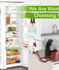 Upgrade 3015924900 Refrigerator Evaporator Fan Motor next to a fully stocked open fridge, modern kitchen background
