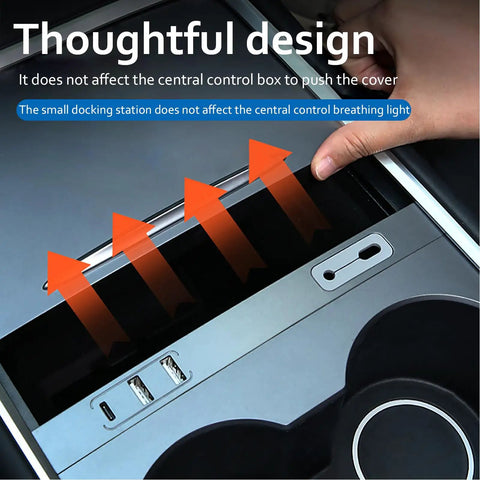 Tesla Model Y Center Console USB Hub Charger With 3 Fast Charging Ports, installed, shows seamless fit and function in console