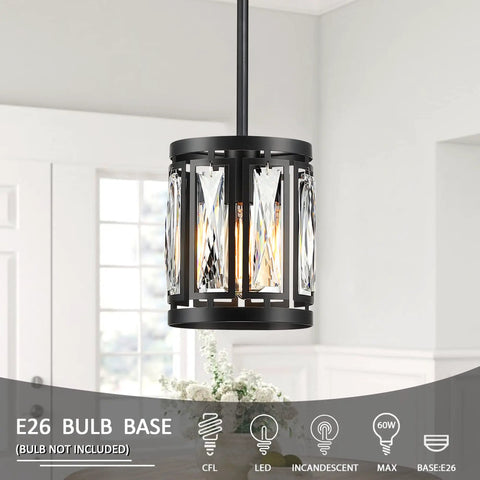 Crystal Drum Pendant Ceiling Light Semi Flush Mount Convertible Fixture For Kitchen Island And Hallway Black Finish