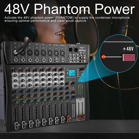 8 Channel Bluetooth Audio Mixer For Live Streams And Karaoke Professional DJ Style Mixer Board With 48V Phantom Power USB Audio Interface
