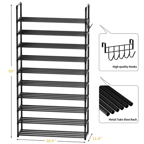 Heavy Gauge 10 Tier Metal Shoe Rack With Side Hooks That Truly Is A Total Game Changer For Holding Up To Forty Five Pairs Of Sneakers And Boots In Any Entryway Closet