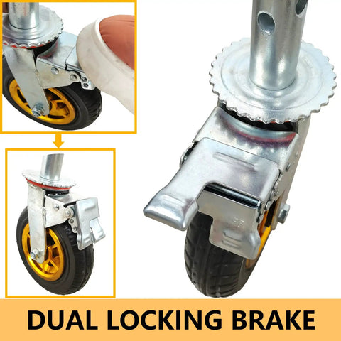 Bulletproof 8 Inch Rubber Scaffolding Caster Wheels 4 Pack close-up of dual locking brake with 360-degree swivel capability.