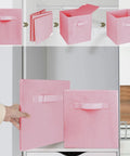 Super Durable Collapsible Storage Cubes 10 5 Inch Foldable Fabric Bins shown being stored flat and stacked pink bins with handles.