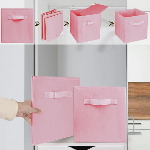 Super Durable Collapsible Storage Cubes 10 5 Inch Foldable Fabric Bins shown being stored flat and stacked pink bins with handles.