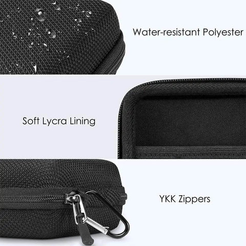 Slick Tech Gear Stash For Macbook Chargers Cables And Power Banks showing water-resistant polyester, soft lycra lining, YKK zippers.