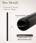 Diagram of 1 Inch By 24 Inch Black Malleable Iron Pipe Nipples Fitting, showing nominal 1" threads and outer diameter