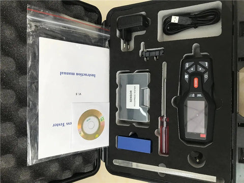 Portable TMR200 Surface Roughness Gauge With DSP Processing, Handheld Surface Profile Tester For Ra Rz Rq Rt Rp Rv R3z R3y RzJIS Rsk Rku Rmr Rx, 128 By 64 OLED Display, Lightweight, On The Go And User Friendly. Case with handheld tester, sensor, cable, manual, and accessories.