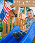 Outdoor Double Sided USA Flag Kit With Pole And Mounting Hardware For Treehouse And Backyard Decor, Premium 15.5 X 10.5 Inch USA Flag, shows flag mounted near a child on a slide.