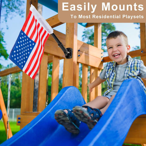 Outdoor Double Sided USA Flag Kit With Pole And Mounting Hardware For Treehouse And Backyard Decor, Premium 15.5 X 10.5 Inch USA Flag, shows flag mounted near a child on a slide.