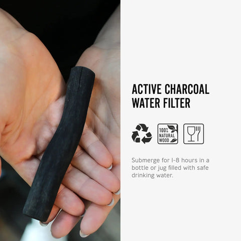 Hands holding a charcoal water filter stick for dope tasting hydration inspired by old Japanese tradition lasts six months per stick.