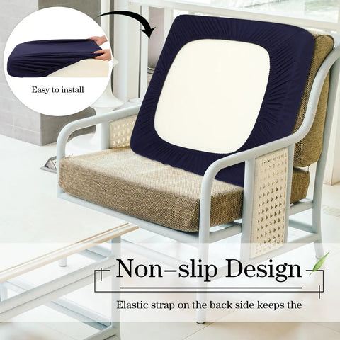 Chair with 8 Pack Patio Cushion Covers Stretch Fit for Outdoor Cushions Navy Waterproof Soft Washable Slipcovers shown.