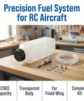 Clear 120CC RC Plane Fuel Tank Set With Metal Tubing And Engine Container displayed on workbench in workshop setting