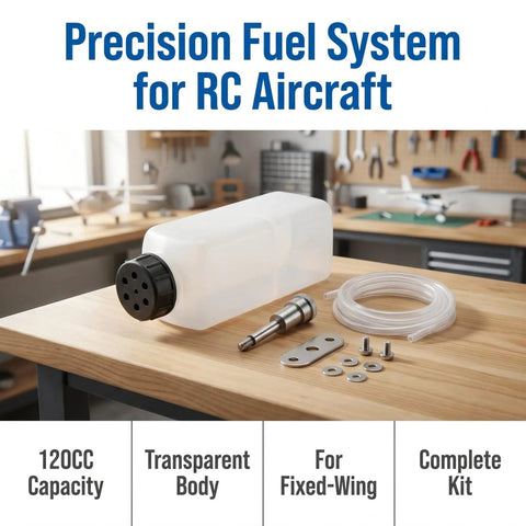 Clear 120CC RC Plane Fuel Tank Set With Metal Tubing And Engine Container displayed on workbench in workshop setting