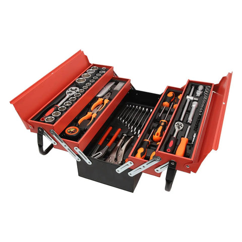 Open view of Multifunction Ratchet Socket Tool Kit With 85 Piece Folding Wrench Set For Car And Motorcycle Repair Pro Grade Portable Mechanics Kit