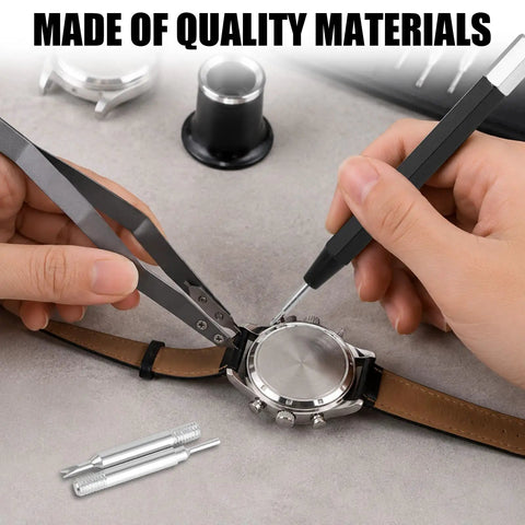 All In One Watch Spring Bar Tool Kit With Tweezers Scaled Bar Pushers in use on watch for band removal