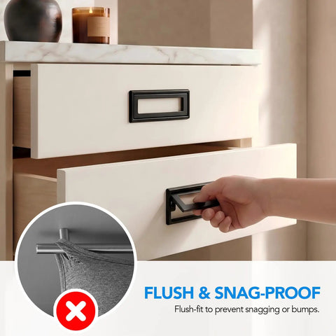 Hand using Hidden Furniture Handle Recessed Flush Door Pull Three Point Seven Five Inch Hole Center Matte Black for cabinet