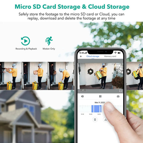 Recording and playback features of 1080P Wireless Outdoor Security Camera IP66 Waterproof With Motion Detection And Two Way Audio 24Ghz WiFi Only ONVIF RTSP Protocol Support Alexa Compatible Clear Night Vision Weatherproof Build 4 Pack displayed on smartphone screen.