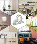 Eight Pack 2.3 Inch 304 Stainless Steel Pad Eye Plates with screws shown with various home uses like hanging plants and clotheslines.