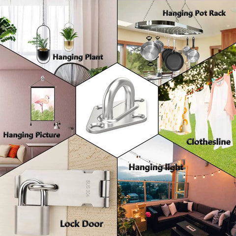 Eight Pack 2.3 Inch 304 Stainless Steel Pad Eye Plates with screws shown with various home uses like hanging plants and clotheslines.