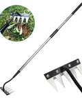 Beefed Up Long Handle Iron Weeding Rake With Thickened 5 Tooth Carbon Steel Head, Rust Resistant Quenched Manganese Steel