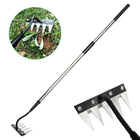 Beefed Up Long Handle Iron Weeding Rake With Thickened 5 Tooth Carbon Steel Head, Rust Resistant Quenched Manganese Steel