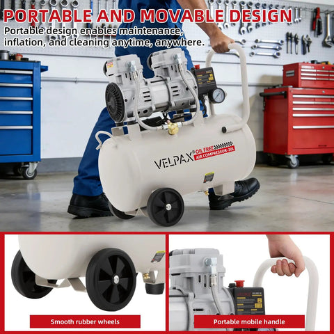 8 Gallon Oil Free Air Compressor Ultra Quiet 68dB Noise Level 1.75 HP Motor 110V 1300W High Pressure Output Perfect For Spray Painting Auto Repair And Garage Woodworking Tasks