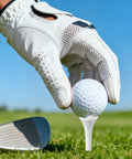 Golf ball on 50 Pack Plastic Golf Tees 1.5 Inch Short Tees For Irons, Par Threes, Hybrids, And Driving Range Use on grass with iron club