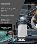 DIY Windshield Crack Repair Kit for Cars and Glass with repair fluid and tools next to cracked car windshield.