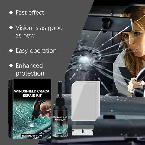 DIY Windshield Crack Repair Kit for Cars and Glass with repair fluid and tools next to cracked car windshield.