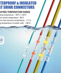 100 Pack Blue Waterproof Solder Seal Wire Connectors 16-14 AWG displayed with operating temperature range in water.