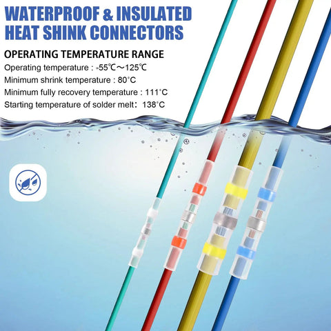 100 Pack Blue Waterproof Solder Seal Wire Connectors 16-14 AWG displayed with operating temperature range in water.