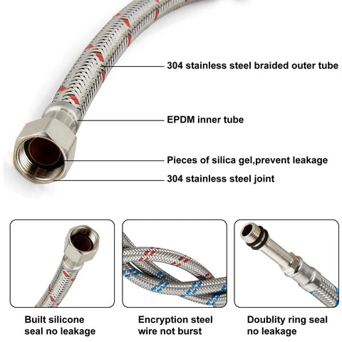 Hassle Free 24 Inch Braided Sink Hose And Faucet Supply Lines With 3/8 Female To M10 Male Connectors showing stainless steel braided design and EPDM inner tube.