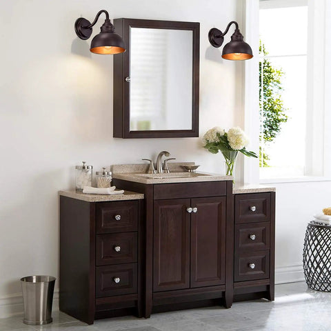 Bathroom setting with Industrial Gooseneck Farmhouse Vanity Wall Sconce Oil Rubbed Bronze, dope barn light fixture above mirror.